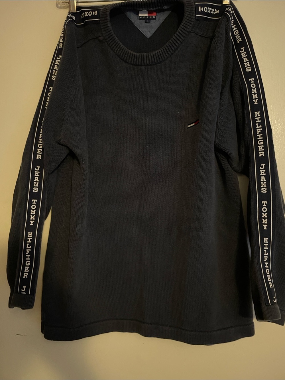 Tommy Hilfiger Navy Crewneck Sweater with Branded Sleeve Tape